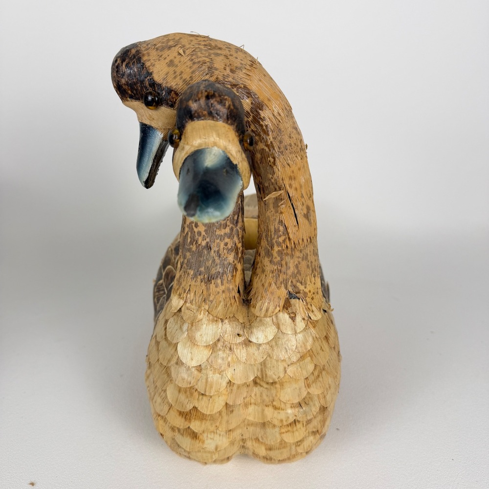 Vintage Double Headed Swan Goose Figurine Natural Fiber Folk Art Decor - Picture 2 of 13